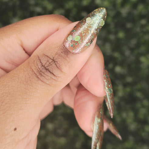 Revival Formula Dr stone inspired green chunky glitter duo chrome sheer nail polish