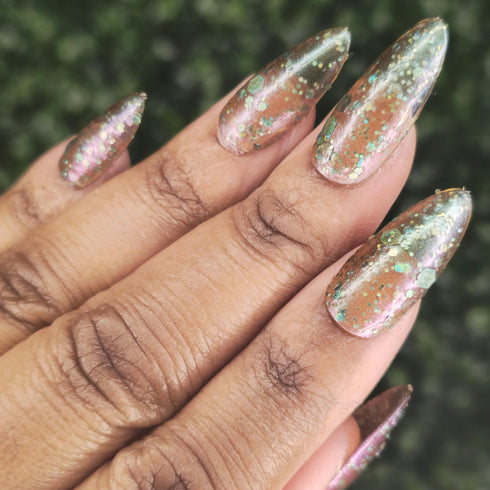Revival Formula Dr stone inspired green chunky glitter duo chrome sheer nail polish
