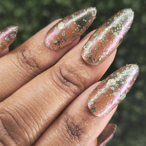 Revival Formula Dr stone inspired green chunky glitter duo chrome sheer nail polish